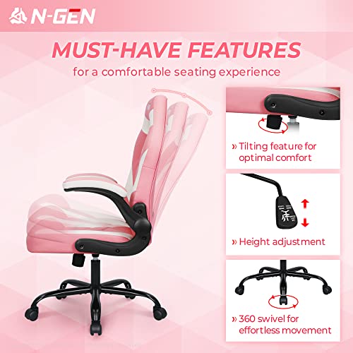 N-GEN Video Gaming Computer Chair Ergonomic Office Chair Desk Chair with Lumbar Support Flip Up Arms Adjustable Height Swivel PU Leather Executive with Wheels for Adults Women Men (Pink)