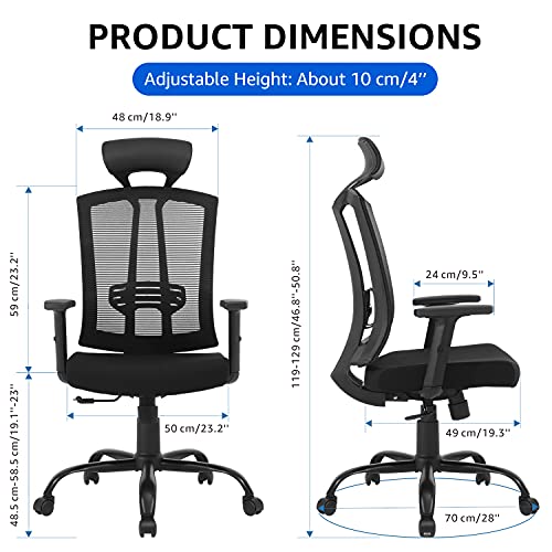 MASTERY MART Ergonomic Office Chair, High Back Mesh Desk Chair with Adjustable Headrest and Backrest, Lumbar Support, Thick Seat Cushion, Swivel Executive Task Computer Chair for Work, Home, Gaming