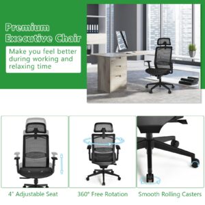 BestComfort High Back Mesh Office Chair, Ergonomic Executive Chair with Adjustable Reclining Angles, Lumbar Support, Headrest, Armrest, Swivel Rolling Computer Desk Chair with Coat Hanger (Black)