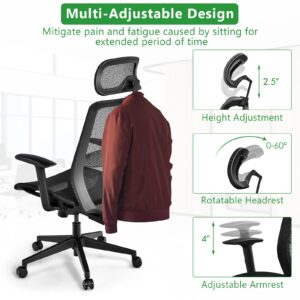 BestComfort High Back Mesh Office Chair, Ergonomic Executive Chair with Adjustable Reclining Angles, Lumbar Support, Headrest, Armrest, Swivel Rolling Computer Desk Chair with Coat Hanger (Black)