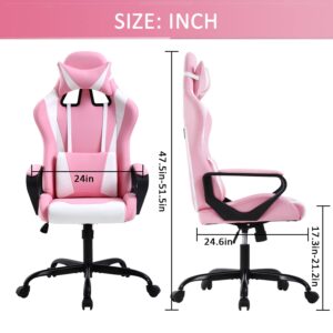 Gaming Chair High Back Ergonomic Leather Office Chair Adjustable Swivel Desk Chair Reclining Racing PC Computer Chair with Lumbar Support and Headrest for Back Pain Adults Teens（Pink）