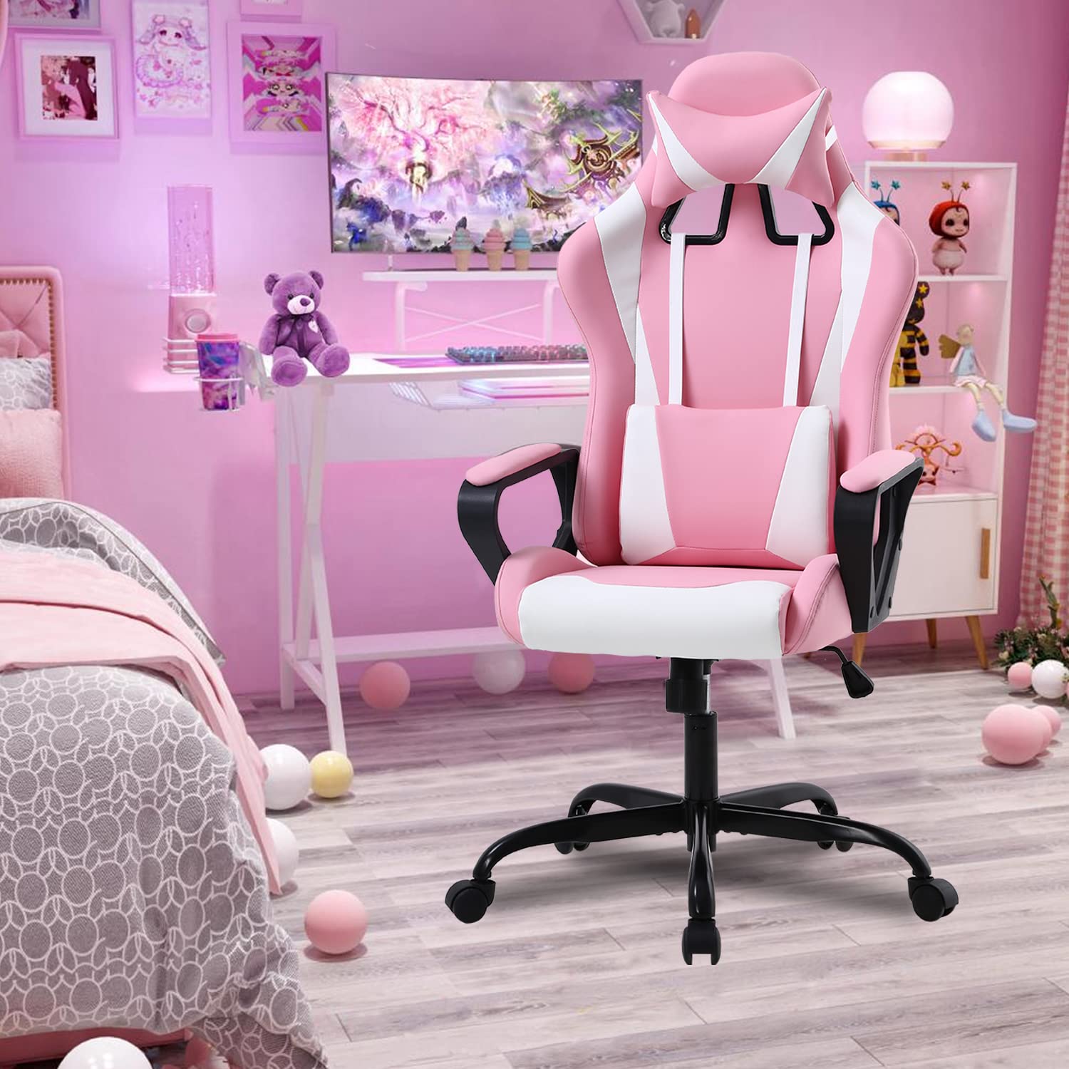 Gaming Chair High Back Ergonomic Leather Office Chair Adjustable Swivel Desk Chair Reclining Racing PC Computer Chair with Lumbar Support and Headrest for Back Pain Adults Teens（Pink）