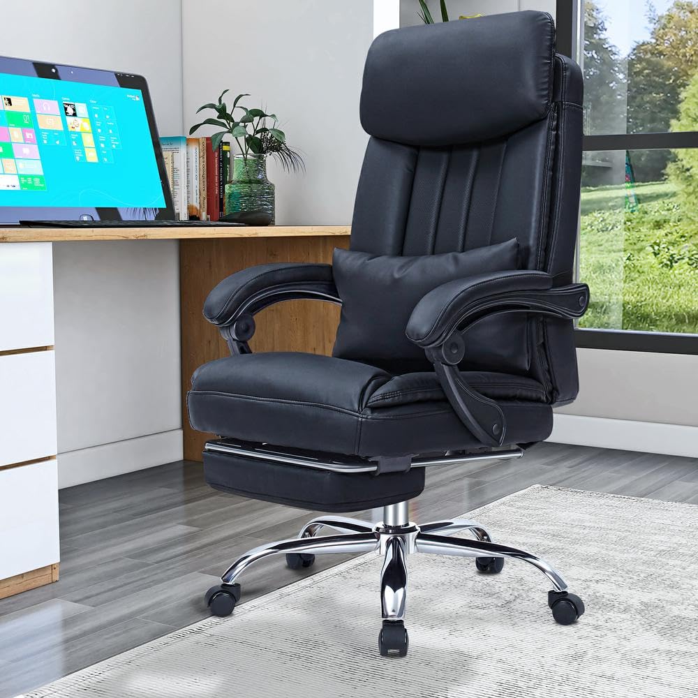 High Back Office Chair with Lumbar Support and Footrest, Executive Computer Desk Chair with Padded Headrest and Armrest, Adjustable Height Tilt Angle Swivel Task Chair for Home Office (Black)