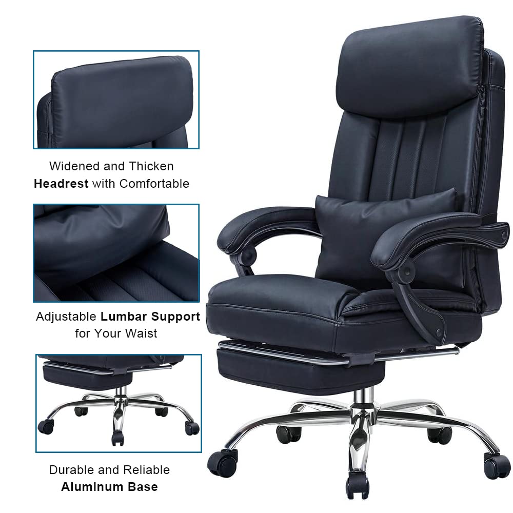 High Back Office Chair with Lumbar Support and Footrest, Executive Computer Desk Chair with Padded Headrest and Armrest, Adjustable Height Tilt Angle Swivel Task Chair for Home Office (Black)