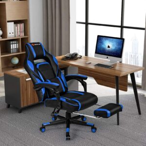 Goplus Massage Gaming Chair, Reclining Backrest, Seat Height Adjustment Racing Computer Office Chair with Footrest, Ergonomic High Back PU Swivel Game Chair (Blue)