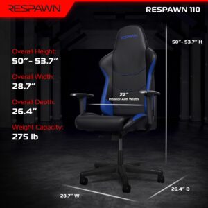 RESPAWN 110 Gaming Chair - Gamer Chair PC Computer Chair, Ergonomic Gaming Chairs, Office Chair with Integrated Headrest, Gaming Chair for Adults 135 Degree Recline with Angle Lock - Blue