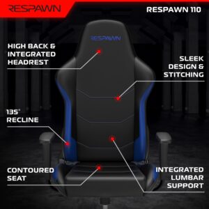 RESPAWN 110 Gaming Chair - Gamer Chair PC Computer Chair, Ergonomic Gaming Chairs, Office Chair with Integrated Headrest, Gaming Chair for Adults 135 Degree Recline with Angle Lock - Blue