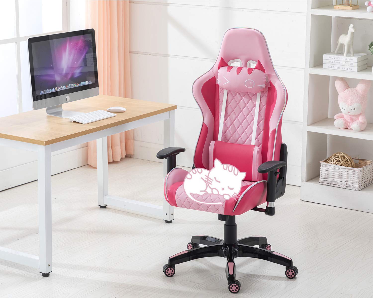 chairus Pink Gaming Chair Racing Computer Desk Game Chair Ergonomic Backrest Reclining Office Chair with Lumbar Pillow and Cute Kitty Headrest