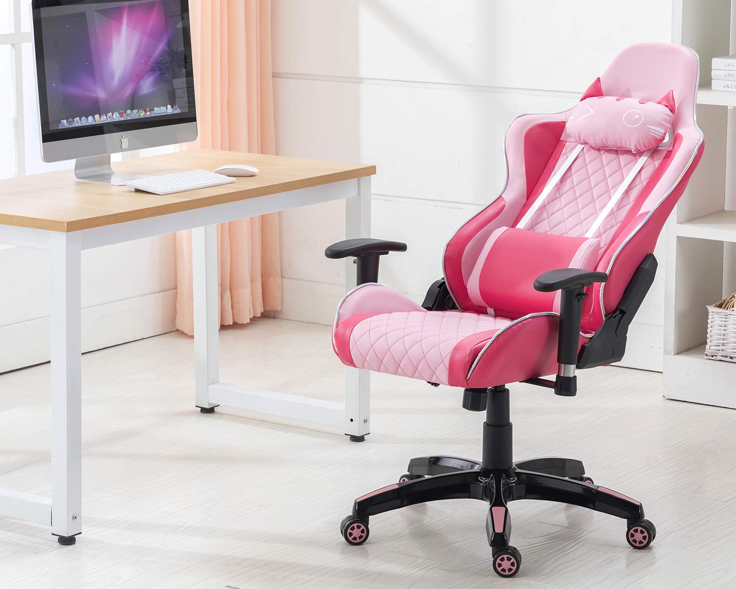 chairus Pink Gaming Chair Racing Computer Desk Game Chair Ergonomic Backrest Reclining Office Chair with Lumbar Pillow and Cute Kitty Headrest