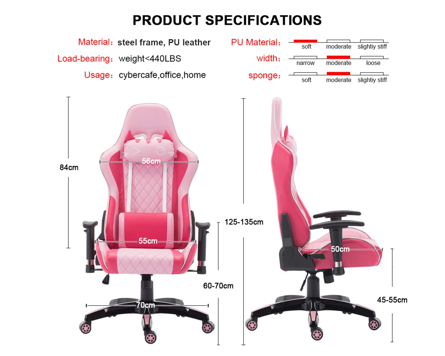 chairus Pink Gaming Chair Racing Computer Desk Game Chair Ergonomic Backrest Reclining Office Chair with Lumbar Pillow and Cute Kitty Headrest