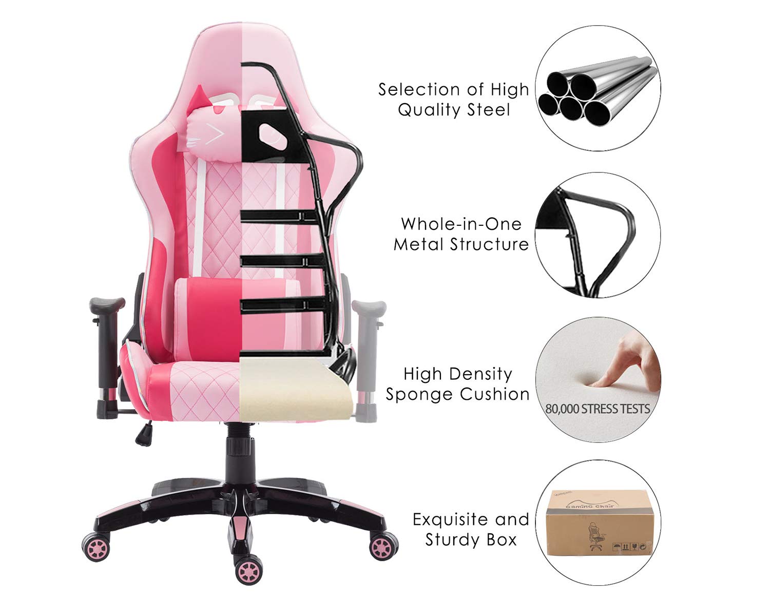 chairus Pink Gaming Chair Racing Computer Desk Game Chair Ergonomic Backrest Reclining Office Chair with Lumbar Pillow and Cute Kitty Headrest