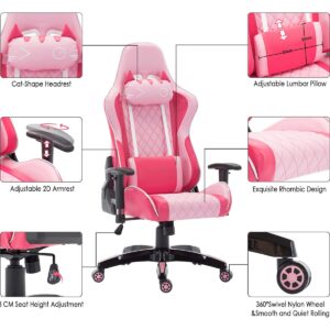 chairus Pink Gaming Chair Racing Computer Desk Game Chair Ergonomic Backrest Reclining Office Chair with Lumbar Pillow and Cute Kitty Headrest