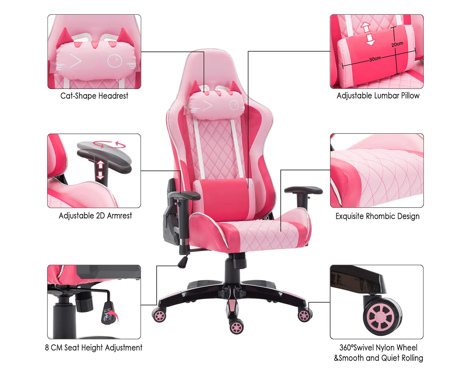 chairus Pink Gaming Chair Racing Computer Desk Game Chair Ergonomic Backrest Reclining Office Chair with Lumbar Pillow and Cute Kitty Headrest