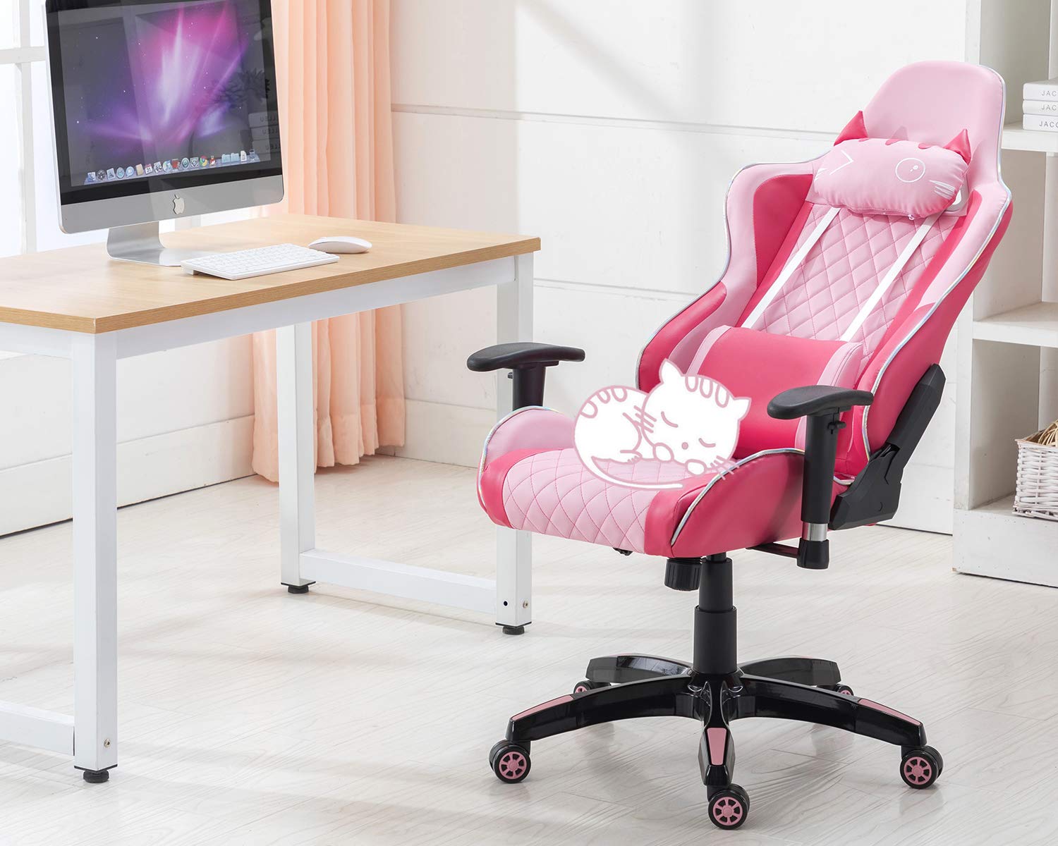 chairus Pink Gaming Chair Racing Computer Desk Game Chair Ergonomic Backrest Reclining Office Chair with Lumbar Pillow and Cute Kitty Headrest