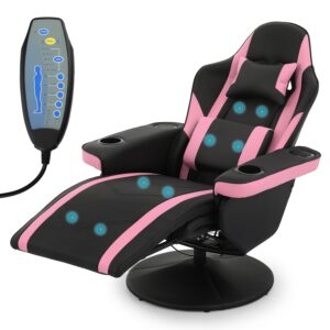 MoNiBloom Massage Gaming Recliner Chair with 2 Speakers, Ergonomic Lumbar Neck Support and Widened Armrests with Built-in Cup Holders, Tilt & Swivel Comfortable Gaming Chair for Adult Teen, Pink