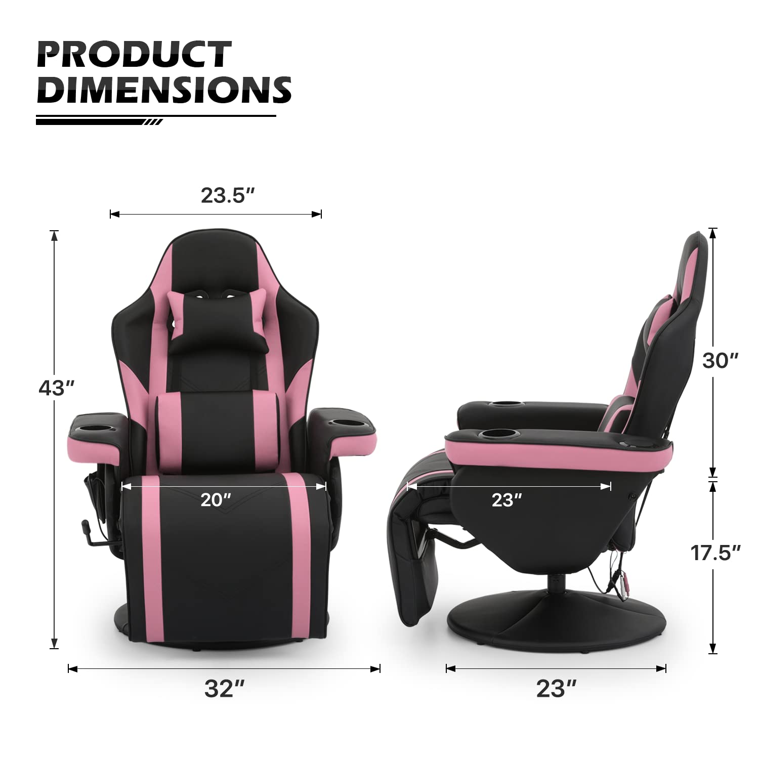 MoNiBloom Massage Gaming Recliner Chair with 2 Speakers, Ergonomic Lumbar Neck Support and Widened Armrests with Built-in Cup Holders, Tilt & Swivel Comfortable Gaming Chair for Adult Teen, Pink