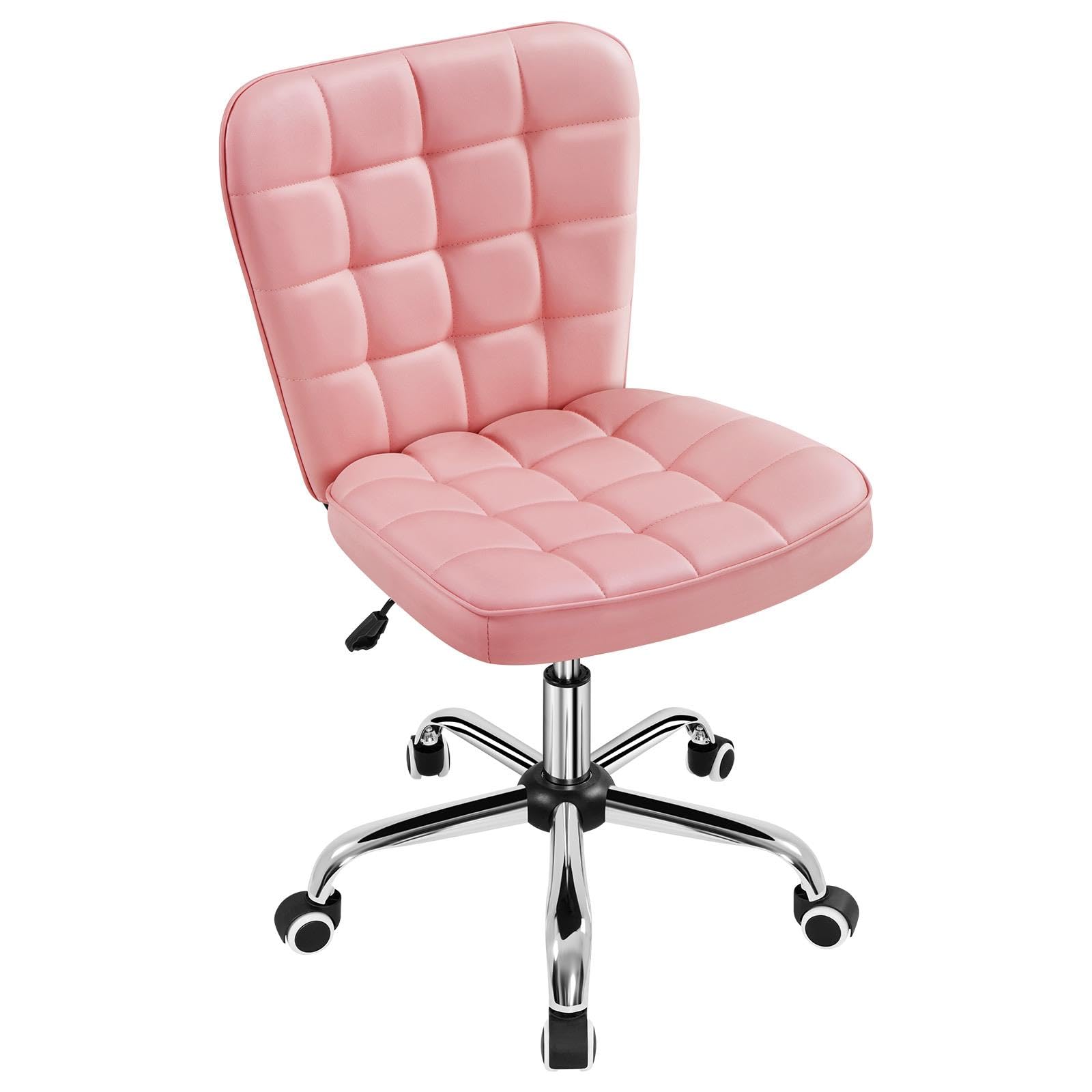 Yaheetech Armless Desk Chair Modern Tufted Office Chair Faux Leather Upholstered Computer Chair with Adjustable Seat Height and Rolling Wheels for Home/Office, Pink