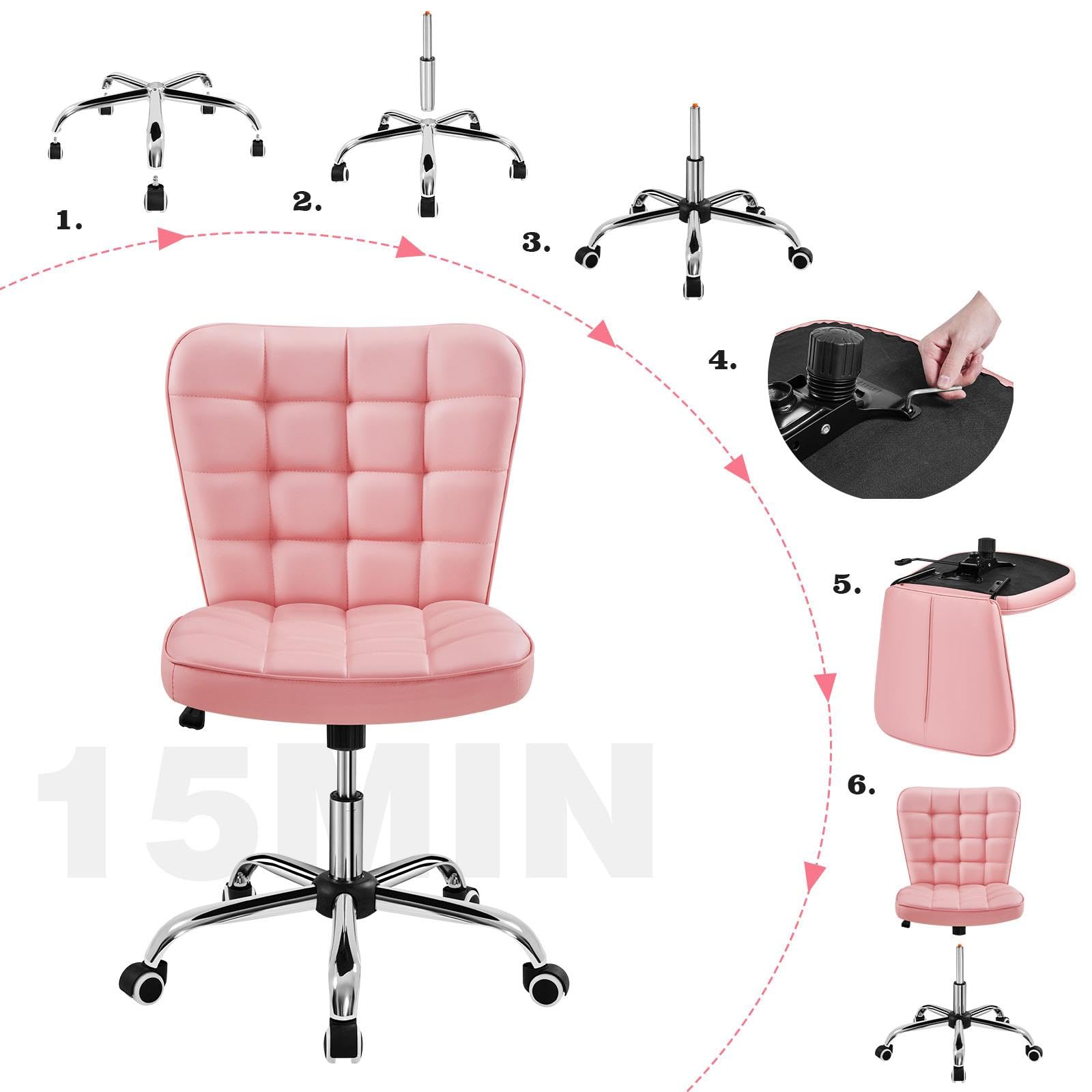 Yaheetech Armless Desk Chair Modern Tufted Office Chair Faux Leather Upholstered Computer Chair with Adjustable Seat Height and Rolling Wheels for Home/Office, Pink