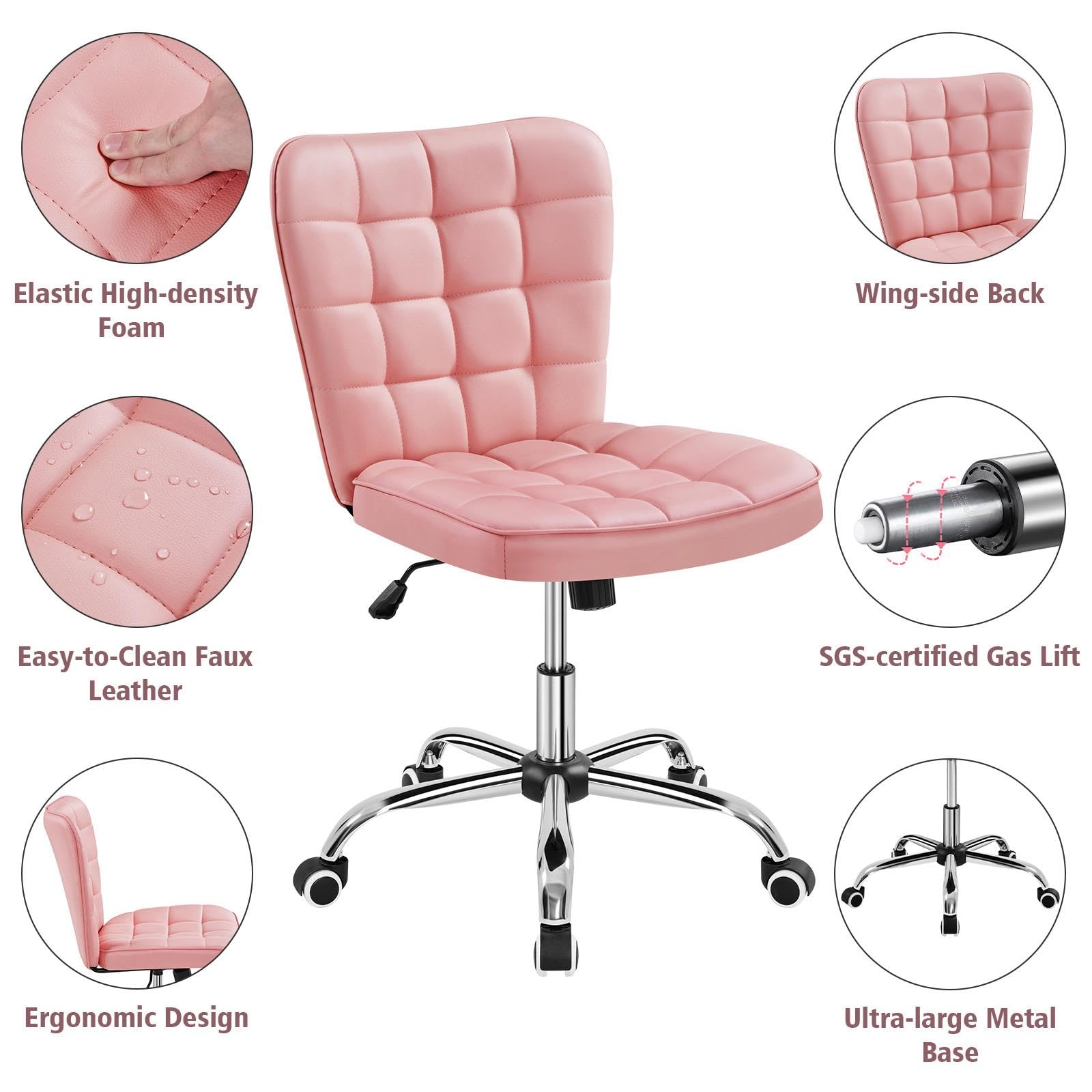 Yaheetech Armless Desk Chair Modern Tufted Office Chair Faux Leather Upholstered Computer Chair with Adjustable Seat Height and Rolling Wheels for Home/Office, Pink