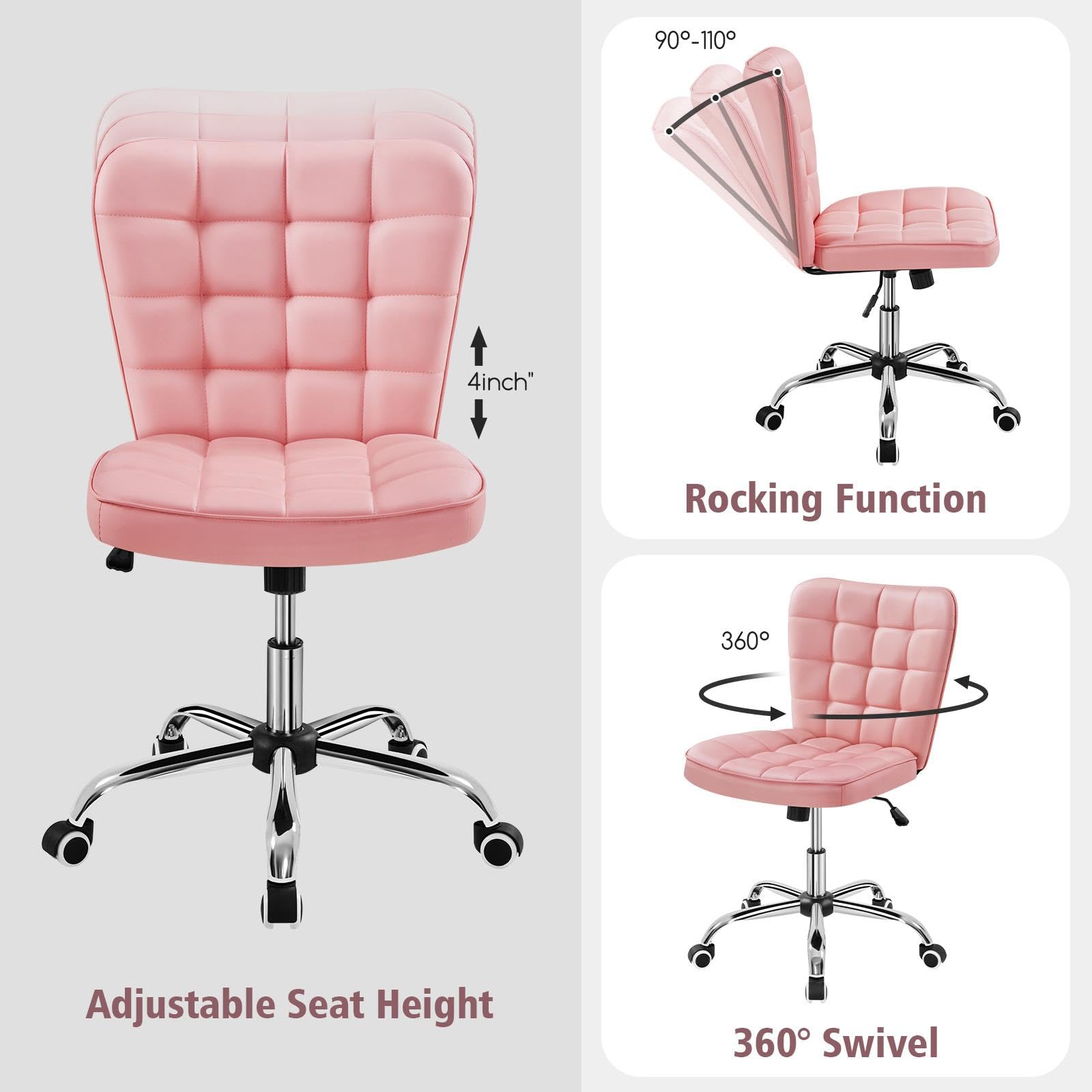 Yaheetech Armless Desk Chair Modern Tufted Office Chair Faux Leather Upholstered Computer Chair with Adjustable Seat Height and Rolling Wheels for Home/Office, Pink