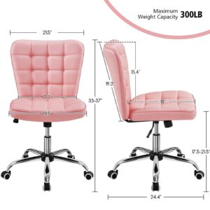 Yaheetech Armless Desk Chair Modern Tufted Office Chair Faux Leather Upholstered Computer Chair with Adjustable Seat Height and Rolling Wheels for Home/Office, Pink