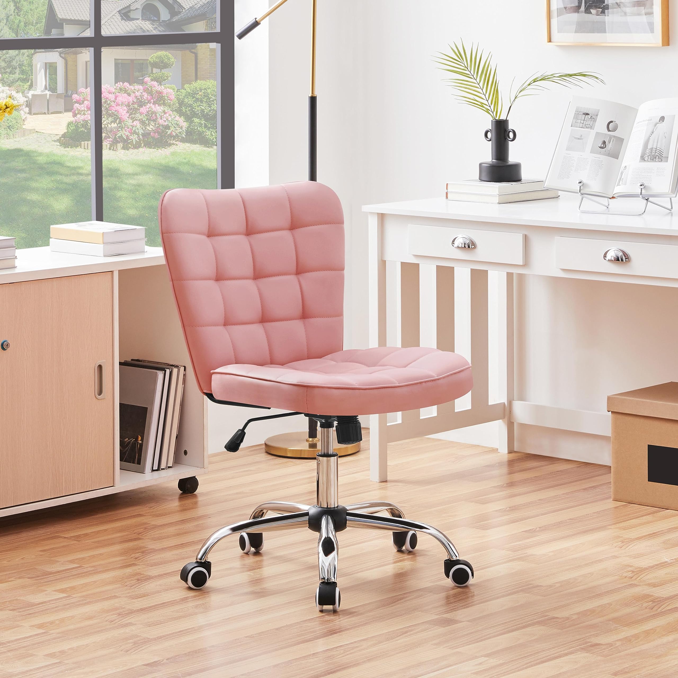 Yaheetech Armless Desk Chair Modern Tufted Office Chair Faux Leather Upholstered Computer Chair with Adjustable Seat Height and Rolling Wheels for Home/Office, Pink