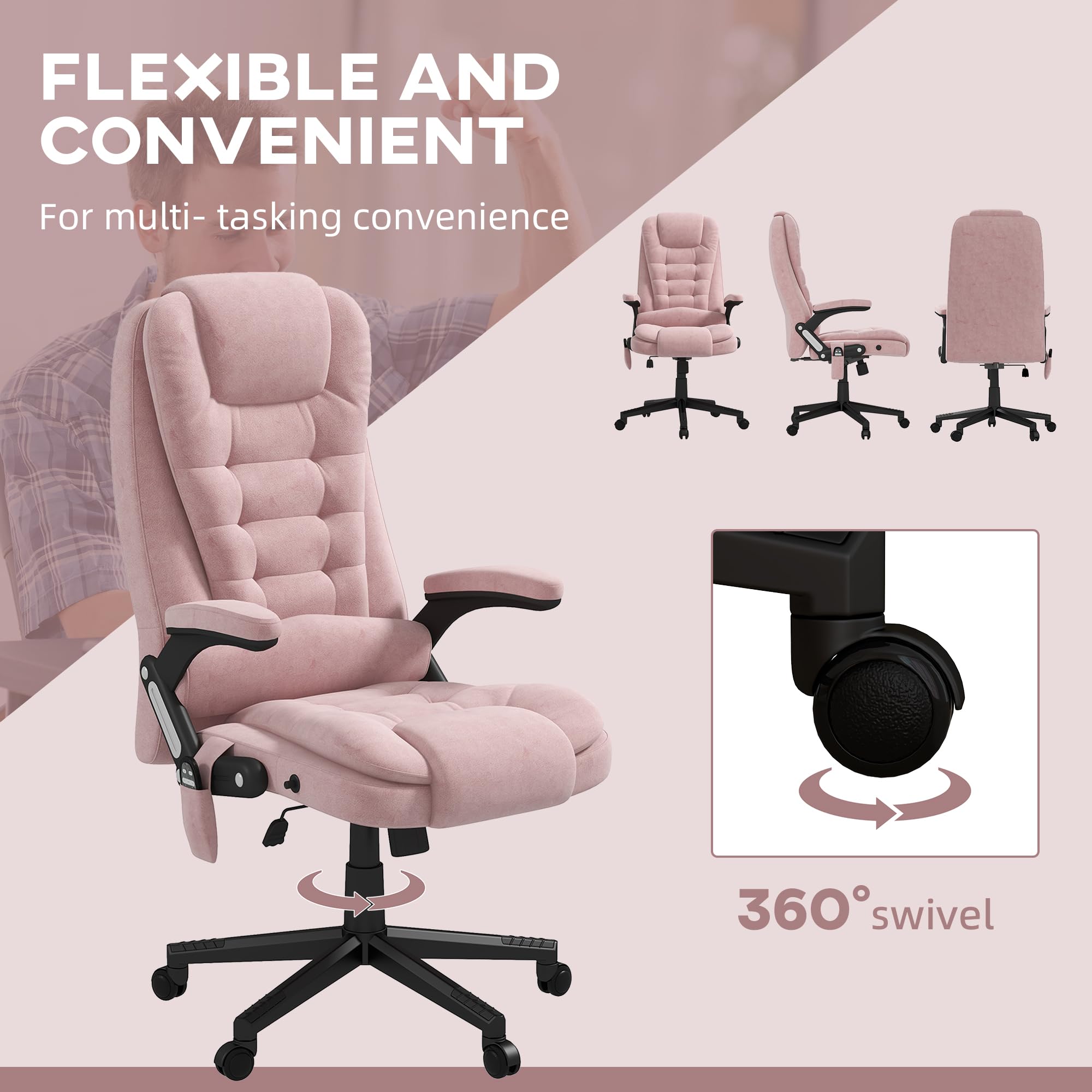 HOMCOM 6 Point Vibrating Massage Office Chair with Heat, Velvet High Back Executive Office Chair with Reclining Backrest, Padded Armrests and Remote, Pink