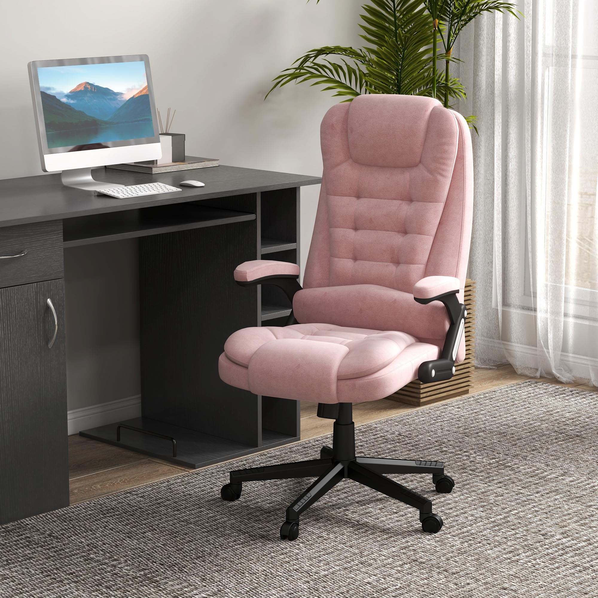 HOMCOM 6 Point Vibrating Massage Office Chair with Heat, Velvet High Back Executive Office Chair with Reclining Backrest, Padded Armrests and Remote, Pink