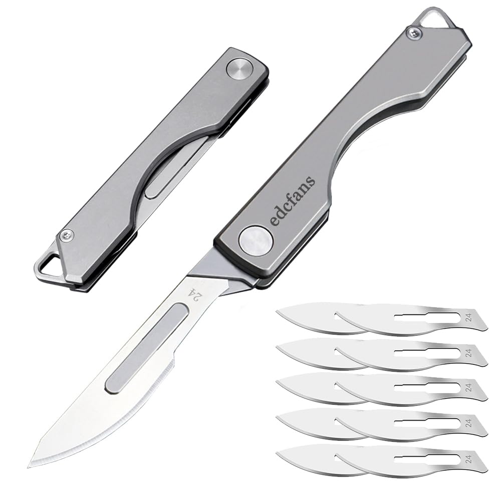 edcfans Titanium Scalpel Folding Pocket Knife, Skinning Knives for Outdoor Hunting, Small Gravity Knife with 10 Replaceable Razor Surgical #24 Carbon Steel Replacement Edge Blades, EDC Keychain Knife