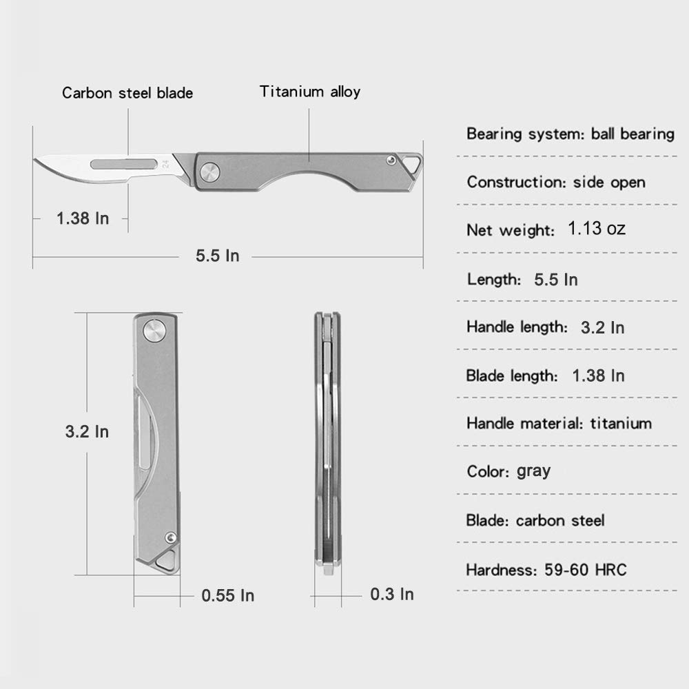 edcfans Titanium Scalpel Folding Pocket Knife, Skinning Knives for Outdoor Hunting, Small Gravity Knife with 10 Replaceable Razor Surgical #24 Carbon Steel Replacement Edge Blades, EDC Keychain Knife