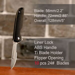 Samior S51 Mini Slim Flipper Folding Scalpel Neck Knife with 10pcs #24 Blades, ABS Handle with Liner Lock, Utility EDC Keychain Pocket Knives with Leather Sheath