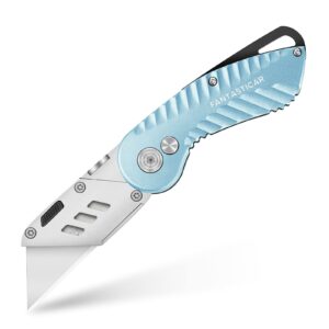 FantastiCAR Folding Utility Knife Gift Box Cutter Plume Type Metal Body, with 5-Piece Extra Blades (Sky Blue)