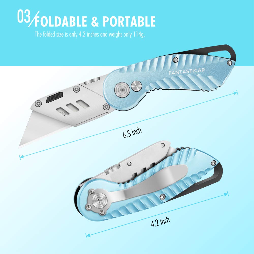 FantastiCAR Folding Utility Knife Gift Box Cutter Plume Type Metal Body, with 5-Piece Extra Blades (Sky Blue)