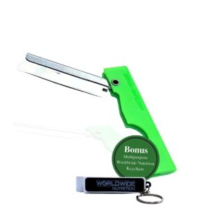 derma-safe folding utility razor for survival utility and first aid kits - mini pocket foldable razor blade, folding scalpel, (green) 25-pack with bonus multi-purpose worldwide nutrition key chain