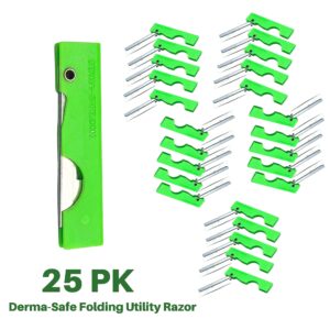 Derma-Safe Folding Utility Razor for Survival Utility and First Aid Kits - Mini Pocket Foldable Razor Blade, Folding Scalpel, (Green) 25-Pack with Bonus Multi-Purpose Worldwide Nutrition Key Chain