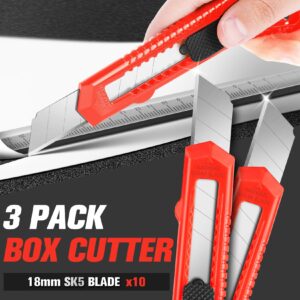 JOYUMY 3 Pack Box Cutter Utility Knife, Retractable Box Knife for Cartons, Cardboard, and Boxes, with 10 Piece 18mm Wider Snap-off Blade, Retractable Utility Knives Perfect for Office and Home Use