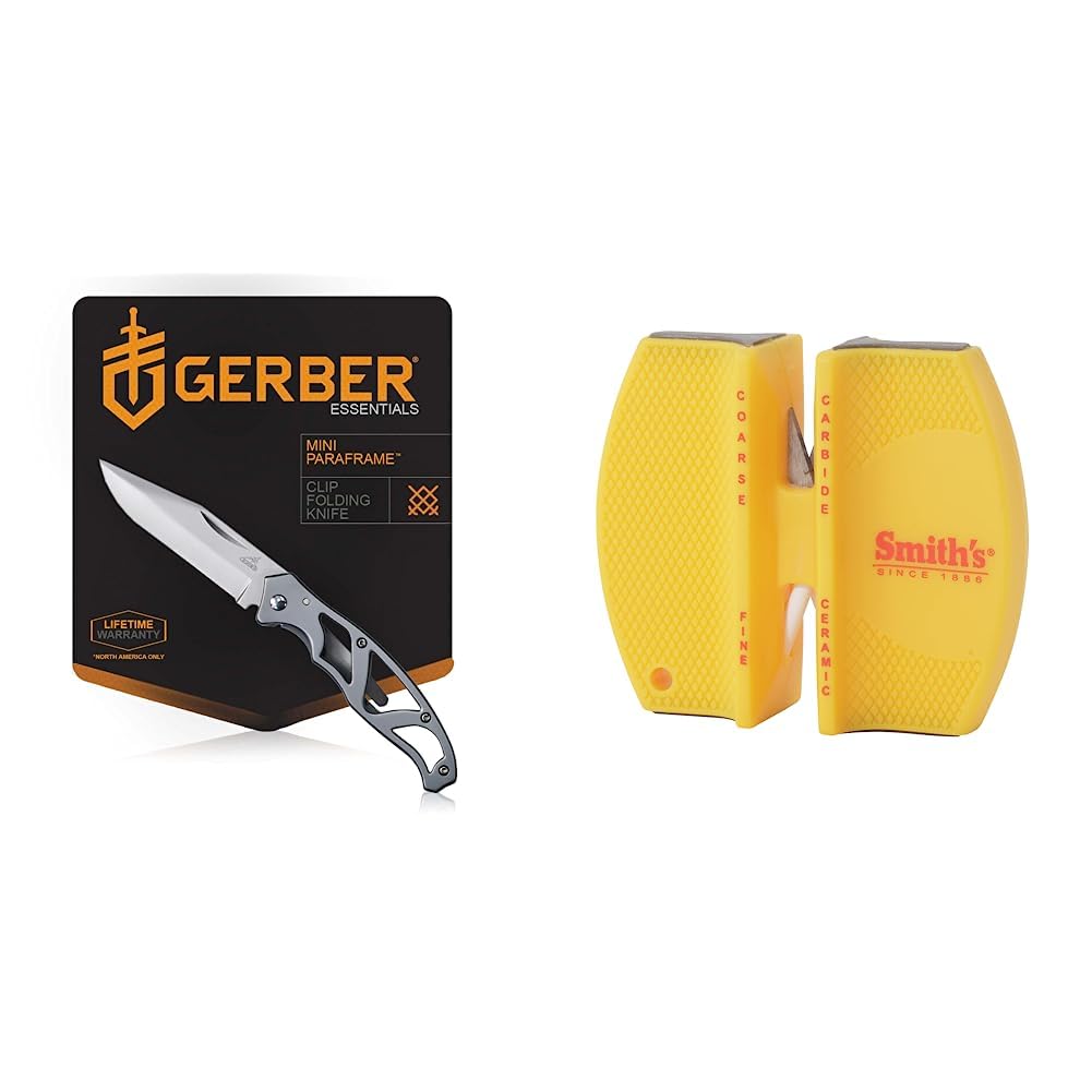 Gerber Gear 22-48485 Paraframe Mini Pocket Knife, 2.2 Inch Fine Edge Blade, Stainless Steel & Smith's CCKS 2-Step Knife Sharpener