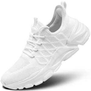 Mens Walking Shoes Lightweight Comfort Running Casual Mesh Sneakers Work Gym Non Slip Tennis Cross Trainers White