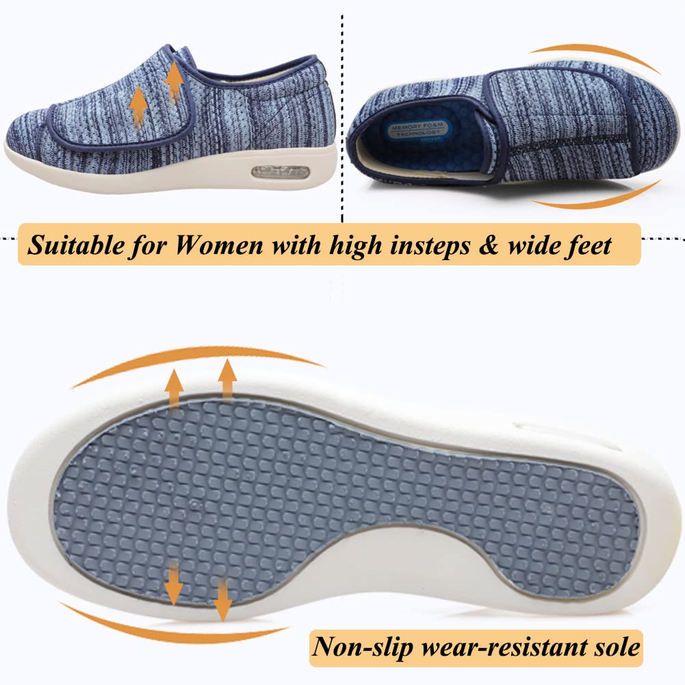 W&LESVAGO Women's Extra Wide Diabetic Edema Shoes with Fully Adjustable Closures Easy On/Off,Air Cushion Walking Sneakers for Elderly Outdoor(8.5#, L-Blue)