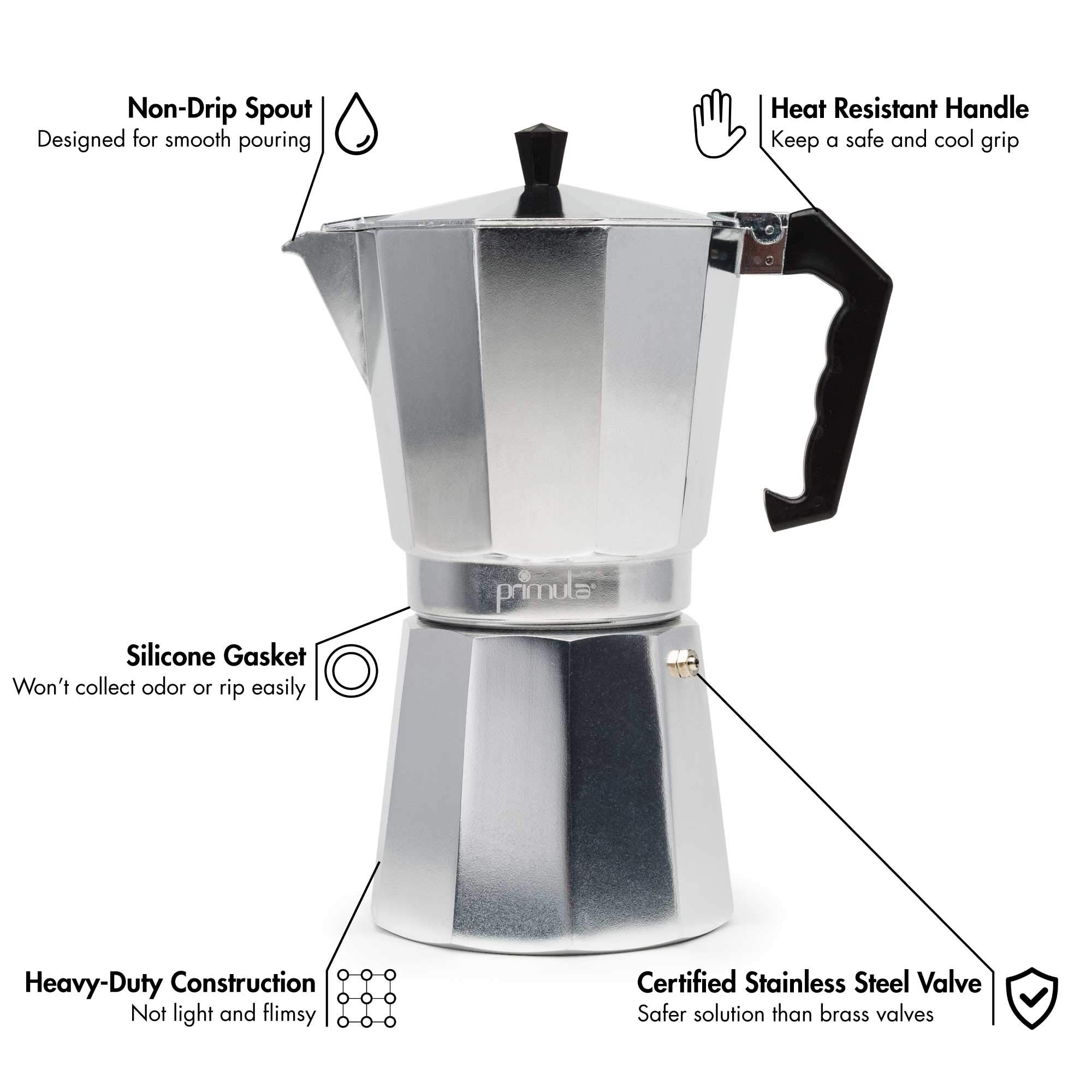 Primula Classic Stovetop Espresso and Coffee Maker, Moka Pot for Italian and Cuban Café Brewing, Greca Coffee Maker, Cafeteras, 12 Espresso Cups, Silver