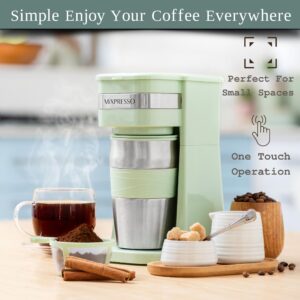 Mixpresso Personal Single Serve Coffee Maker & 14oz Travel Mug, Drip Coffee Brewer & Tumbler, Auto Shut Off & Reusable Filter, Green Coffee Maker Compatible with Coffee Grounds