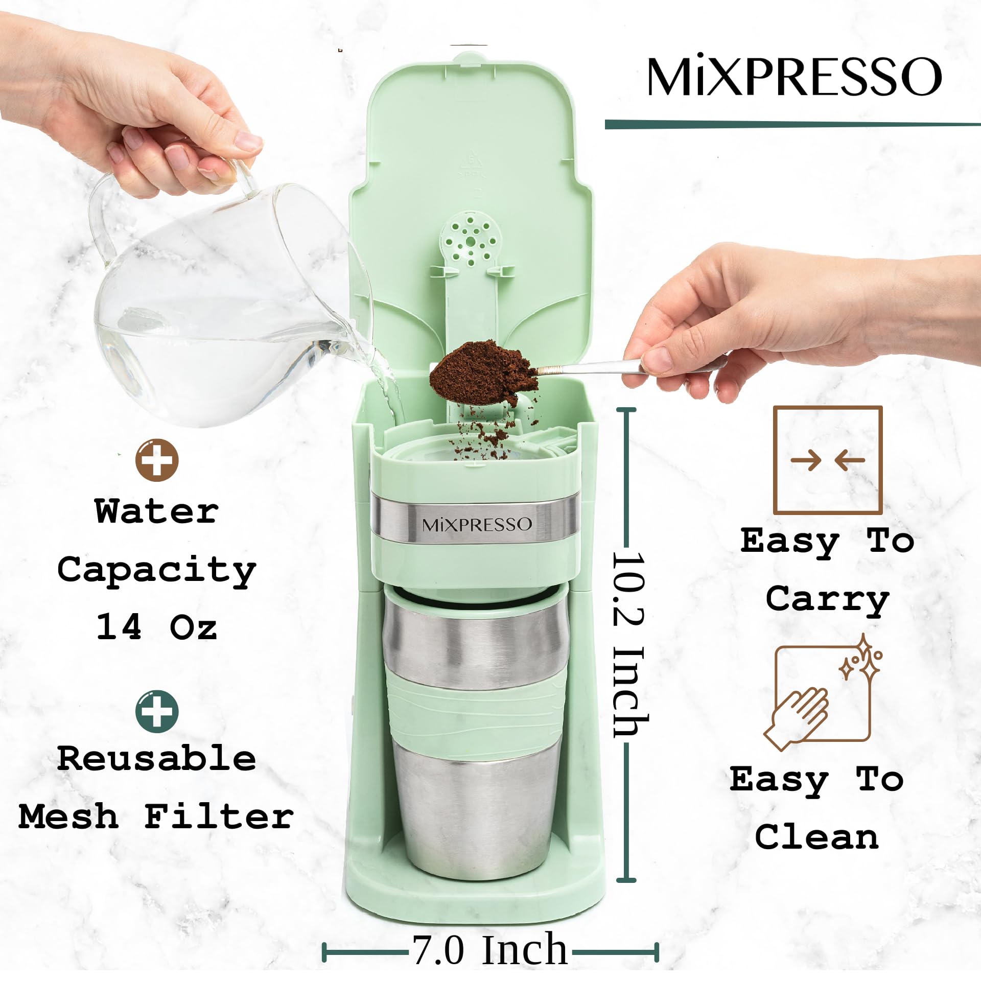 Mixpresso Personal Single Serve Coffee Maker & 14oz Travel Mug, Drip Coffee Brewer & Tumbler, Auto Shut Off & Reusable Filter, Green Coffee Maker Compatible with Coffee Grounds