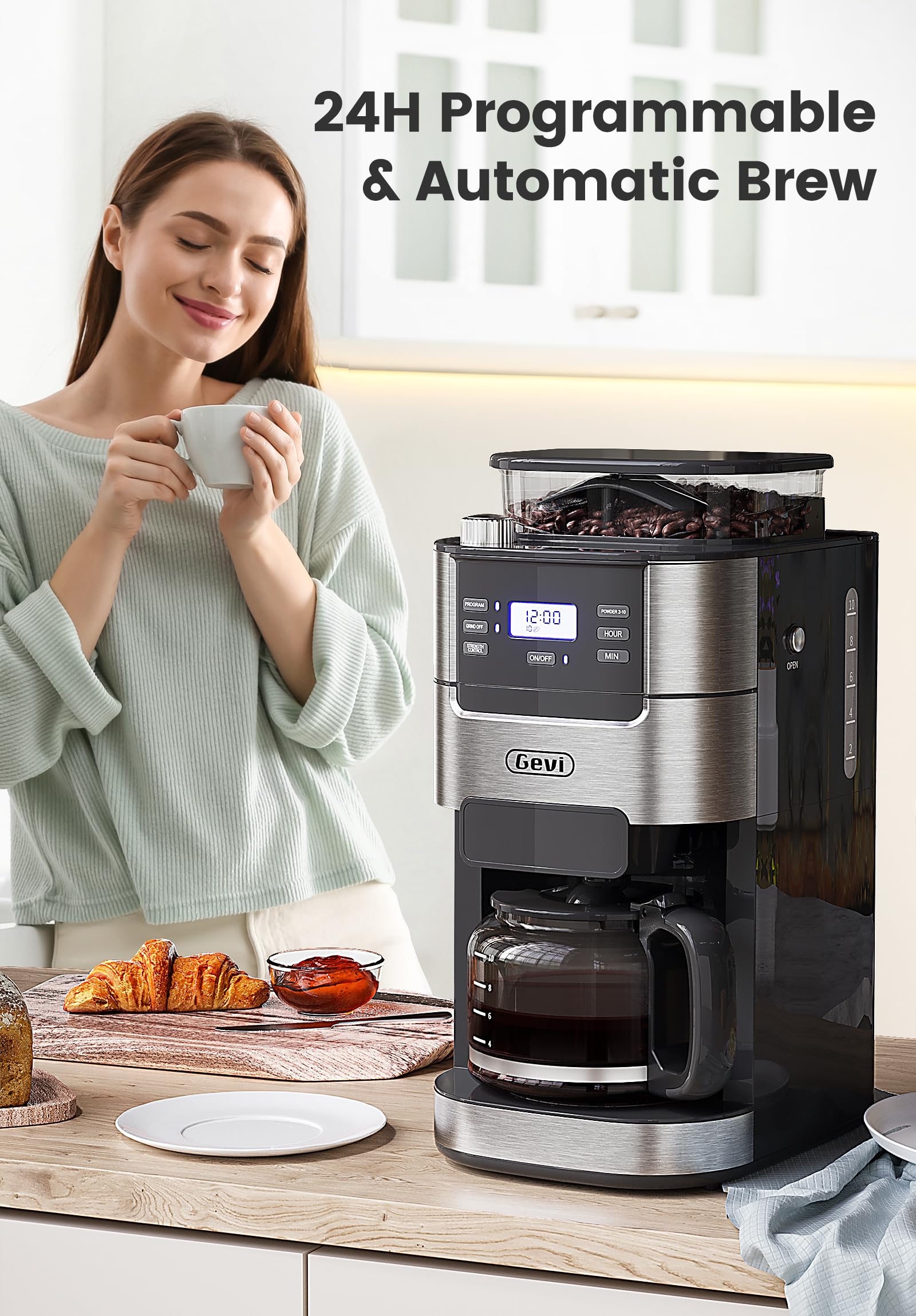 Gevi 10-Cup Coffee Maker with Grinder, Programmable Grind & Brew, 1.5L Water Reservoir, Keep Warm Plate Coffee Machine and Burr Grinder Combo