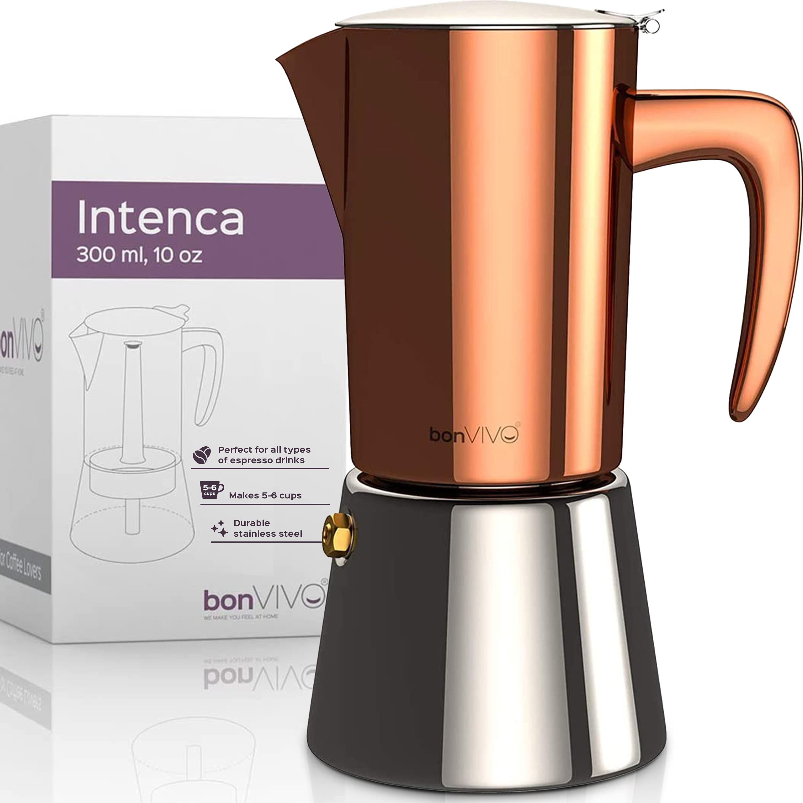 bonVIVO Intenca Stovetop Espresso Maker - Luxurious, Stainless Steel Italian Coffee Maker for Camping or Home Use - Makes 6 Cups of Full-Bodied Coffee - Copper, 10oz