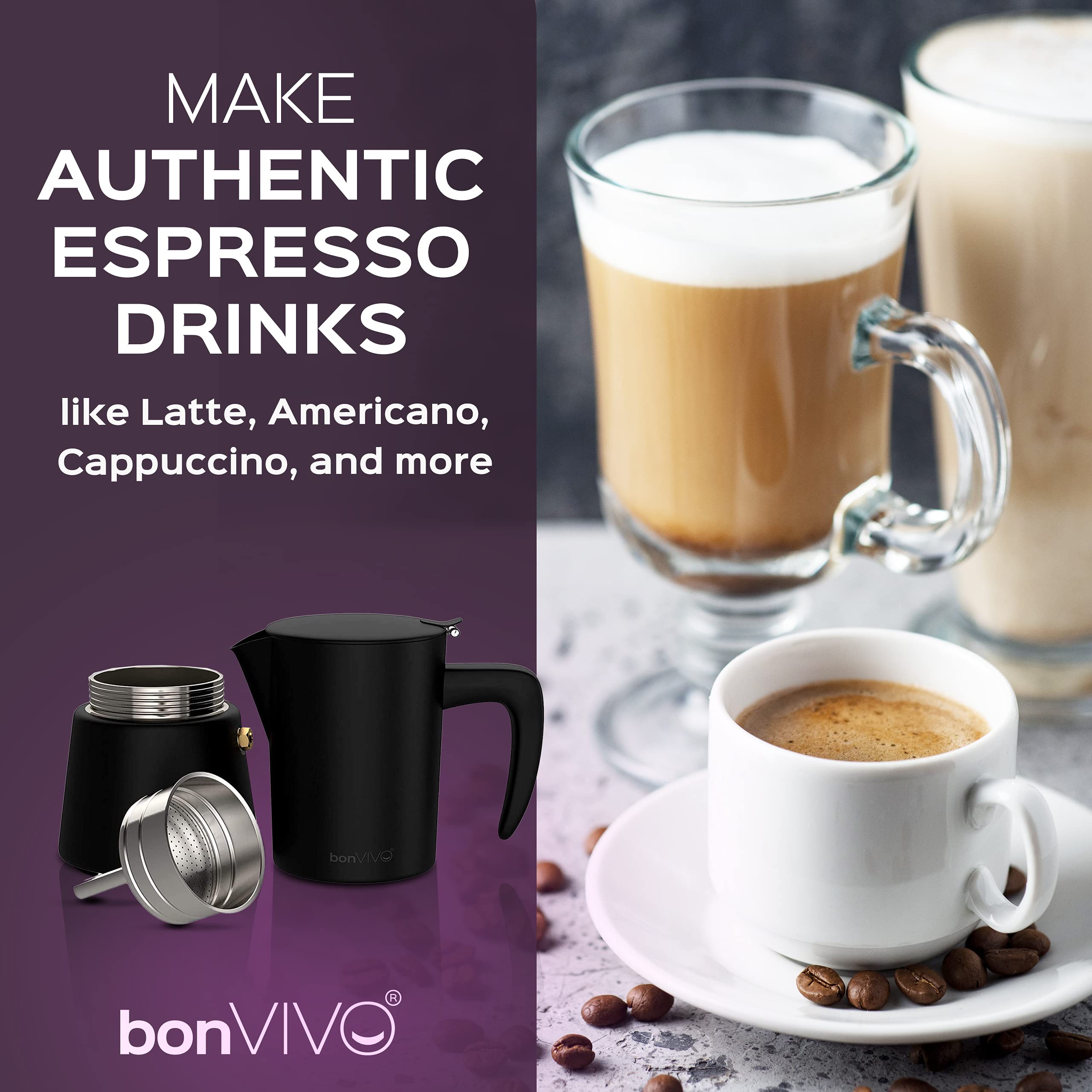 bonVIVO Intenca Stovetop Espresso Maker - Luxurious, Stainless Steel Italian Coffee Maker for Camping or Home Use - Makes 6 Cups of Full-Bodied Coffee - Copper, 10oz