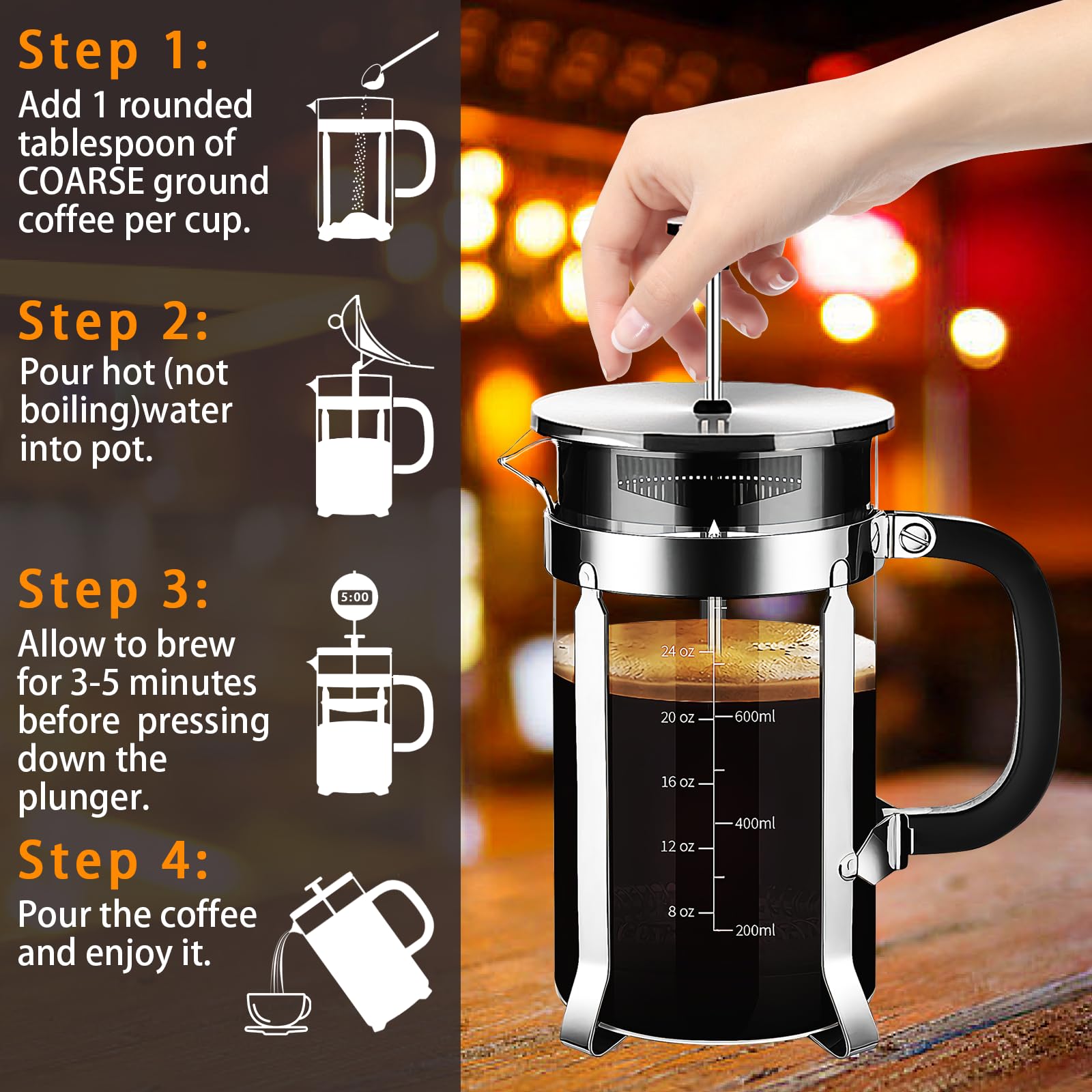 YMMIND French Press Coffee Maker 304 Stainless Steel Coffee Press,with 4 Filters System, Heat Resistant Thickness Borosilicate French Press Glass, BPA-Free Brewed Tea Pot Coffee Plunger