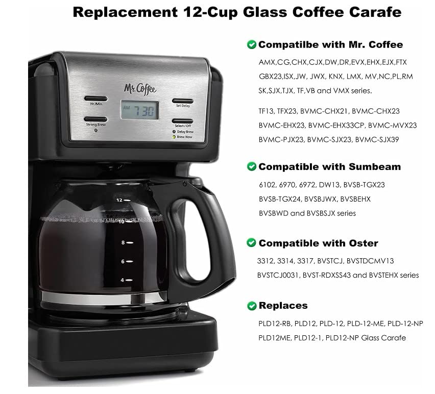 12-Cup Replacement Coffee Carafe Compatible with Mr. Coffee Coffee maker Pot, Replace Part# PLD12 PLD12-RB Series, Black Handle