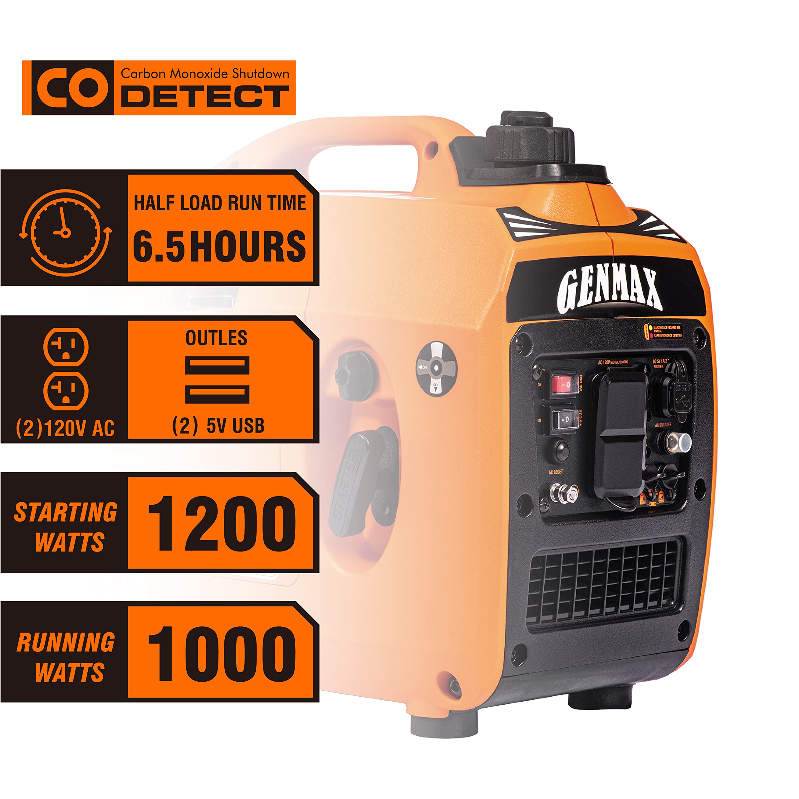 GENMAX Portable Generator，1200W Ultra-Quiet Gas Engine, EPA Compliant, Eco-Mode Feature, Ultra Lightweight for Backup Home Use & Camping (GM1200i)