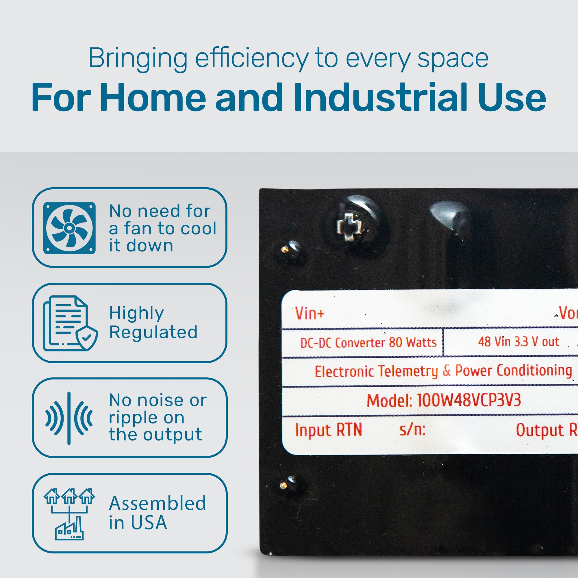 Telemetry - High-Efficiency DC-DC Isolated DC to DC Converter, 48V to 3.3V, 26A, Non-Latching, Overload Protection, High Reliability (2.8M Hours), Durable for Extreme Environments