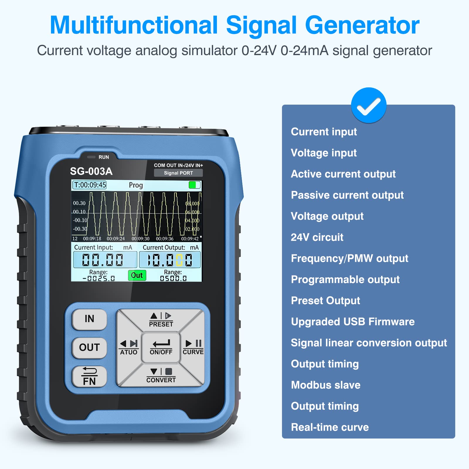 Riiai Upgraded 4-20mA 0-24V Current Signal Generator, Current Voltage Adjustable Analog Simulator, Real-time Curve, Multiple Signal Types, 3000mAh USB Rechargeable, Preset Value, for PLC Testing